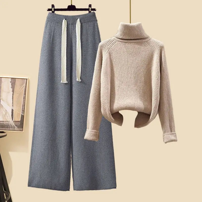 Conjunto Feminino de Tricô Moda Três Peças Outono Novo Estilo Preguiçoso Cardigã Aberto Calças Wide Leg Slim