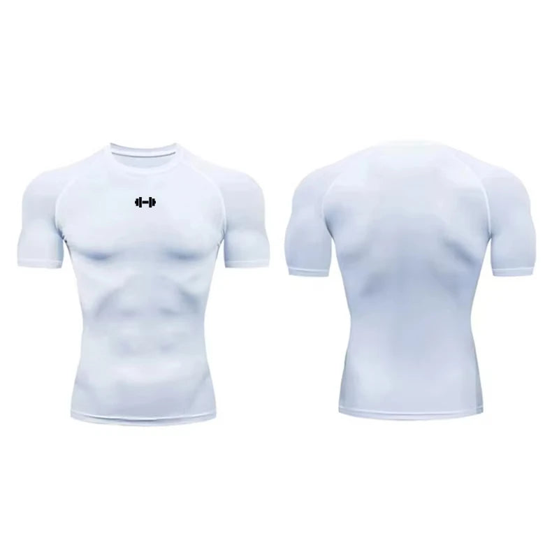 Camiseta de compressão masculina de verão, roupa esportiva, camiseta de corrida elástica de secagem rápida, top esportivo, camiseta para exercícios de academia com halteres
