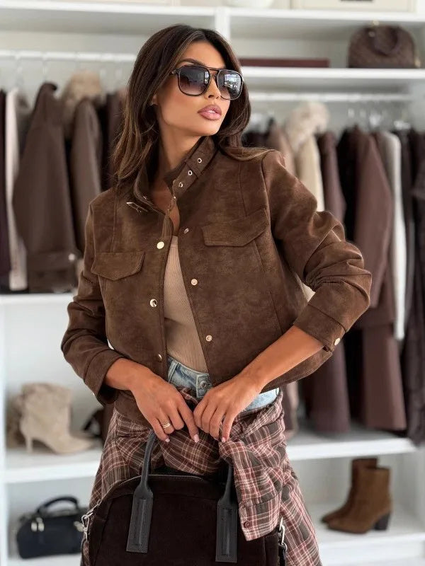 Jaqueta Feminina Outono Inverno Manga Comprida Gola Alta Camurça Solta Casual Curta Casaco Top Moderno Tamanho Pequeno Moda
