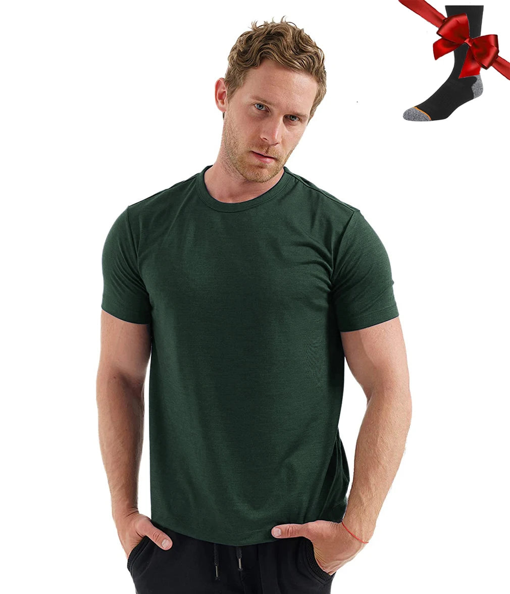 Camiseta Masculina 100% Lã Merino Super Fina Camada Base de Lã Merino que Absorve a Umidade Respirável de Secagem Rápida Antiodor + Meias de Lã Merino