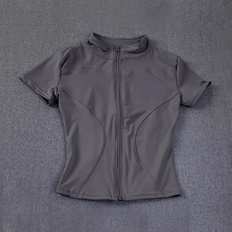Verão de Alta Qualidade Modelador de Cintura Tops de Treino Feminino de Secagem Rápida Justo Gola Alta Zíper Completo Manga Curta Camisas de Yoga