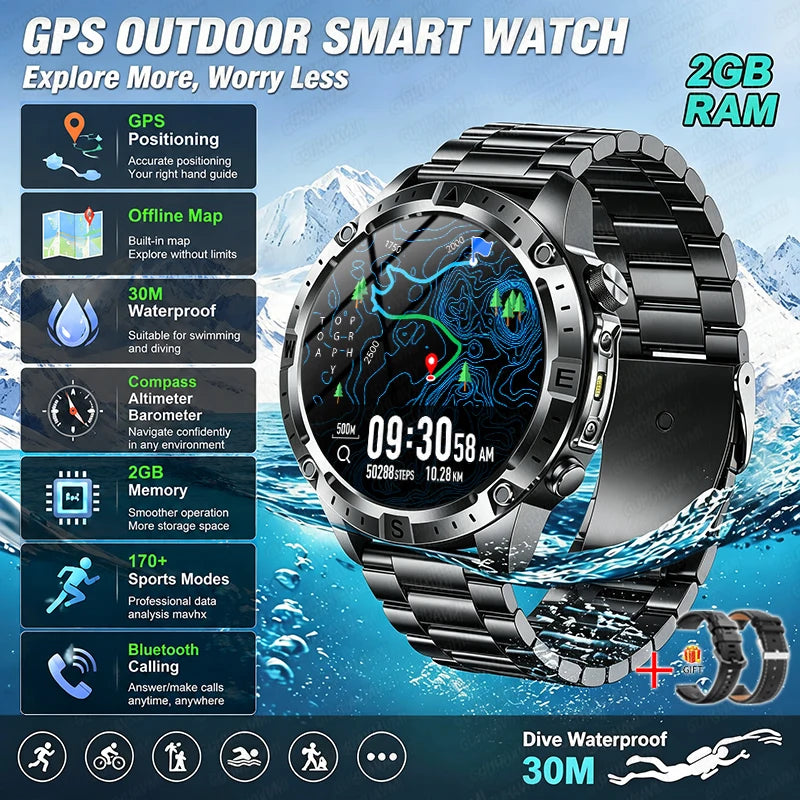 2026 Mapa Offline Novo Smartwatch 3ATM à Prova D'água GPS Navegação Bússola Altímetro Lanterna Masculino 170+ Esportes Pulseira Masculino Feminino