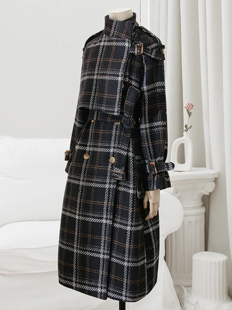 Lautaro Outono Inverno Longo Solto Quente Xadrez Lã Misturada Trench Coat para Mulheres Manga Raglan Cinto Abotoamento Duplo Sobretudo de Lã