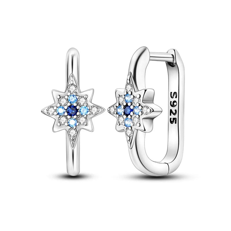 925 Sterling Silver Moon Universe Starry Sky Series Charm Earrings Women Blue Shiny Zircon Daily Wear Jewelry