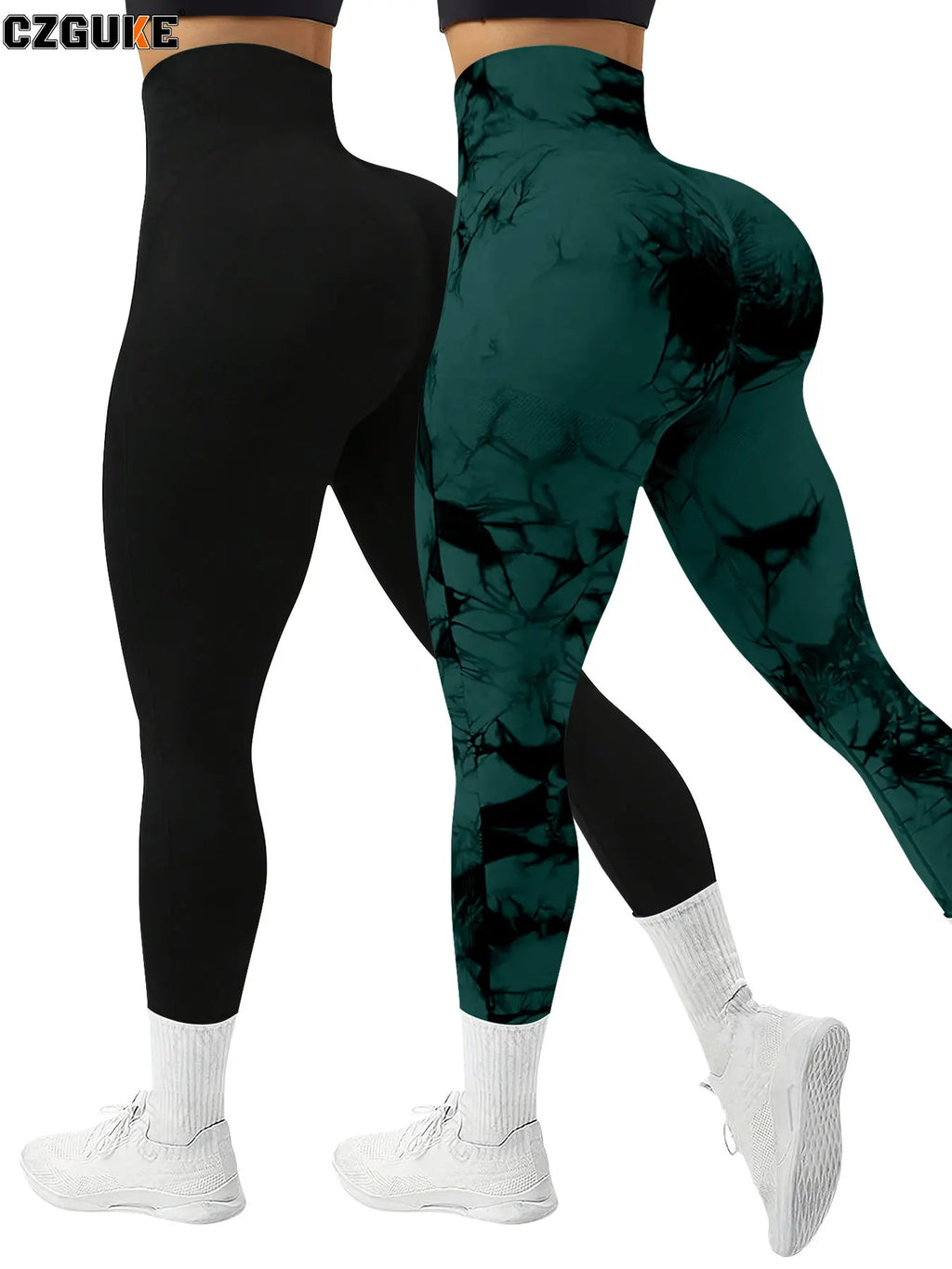 CZGUKE 2-piece women's tie dye pants sports leggings seamless high waisted push ups women's fitness and exercise clothes