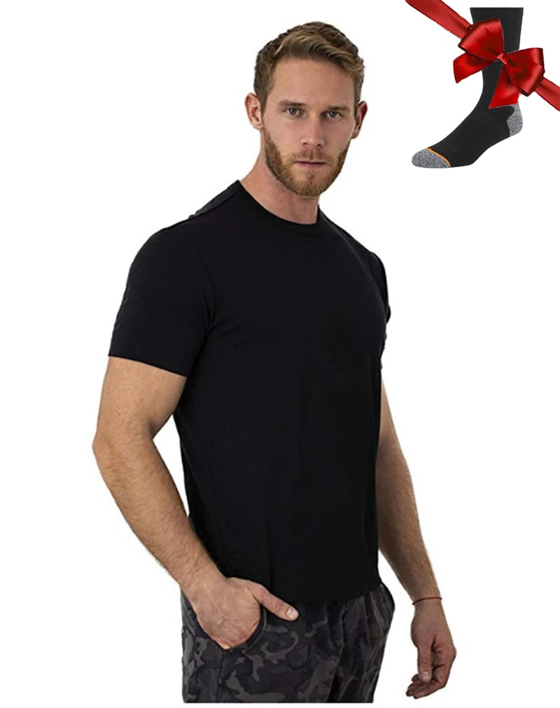 Camiseta Masculina 100% Lã Merino Super Fina Camada Base de Lã Merino que Absorve a Umidade Respirável de Secagem Rápida Antiodor + Meias de Lã Merino