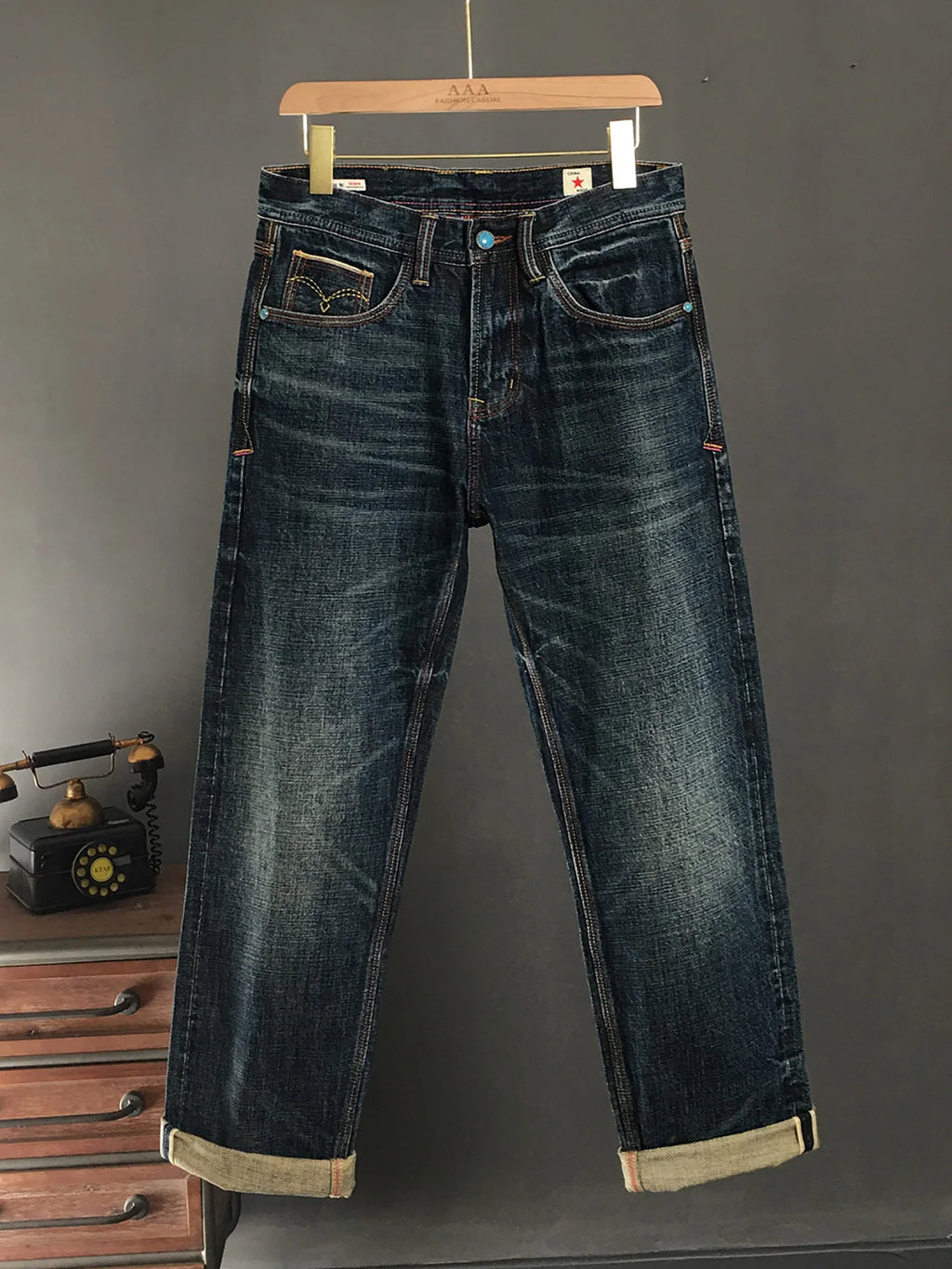 Calça Jeans Masculina American Vintage Casual Primavera Outono Solta Reta de Sarja Selvedge Amarela Lavada 100% Algodão de Alta Qualidade