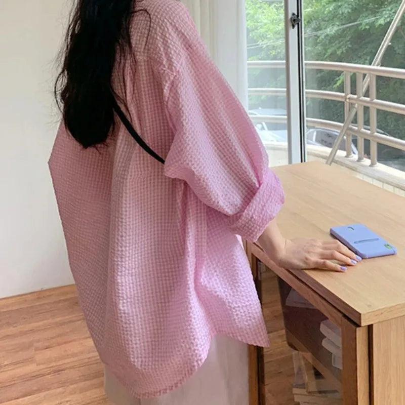 Camisa Feminina Coreana Protetor Solar Manga Longa Verão Feminina Solta Casual Xadrez Gola Virada Abotoamento Simples