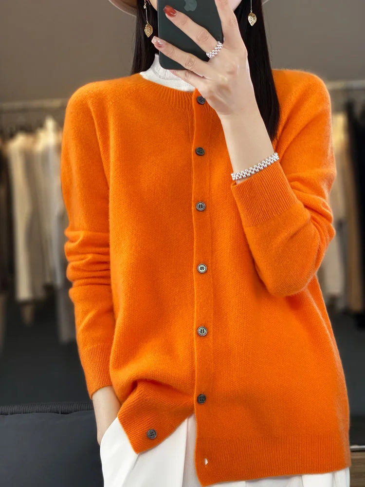 Long Sleeve 100 Merino Wool Sweaters Spring Autumn Women O Neck Knitwear Tops Clothing Fashion Basic Tops - SKY BLUE M