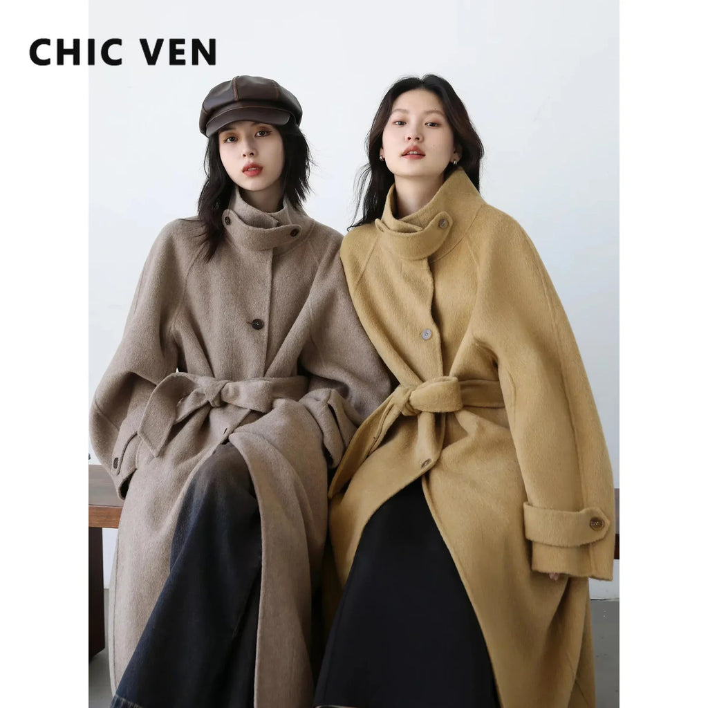 CHIC VEN Casaco Feminino Coreano de Lã Botão Único Gola Alta Solta com Cinto Longo Dupla Face Sobretudo Feminino Outono Inverno 2024