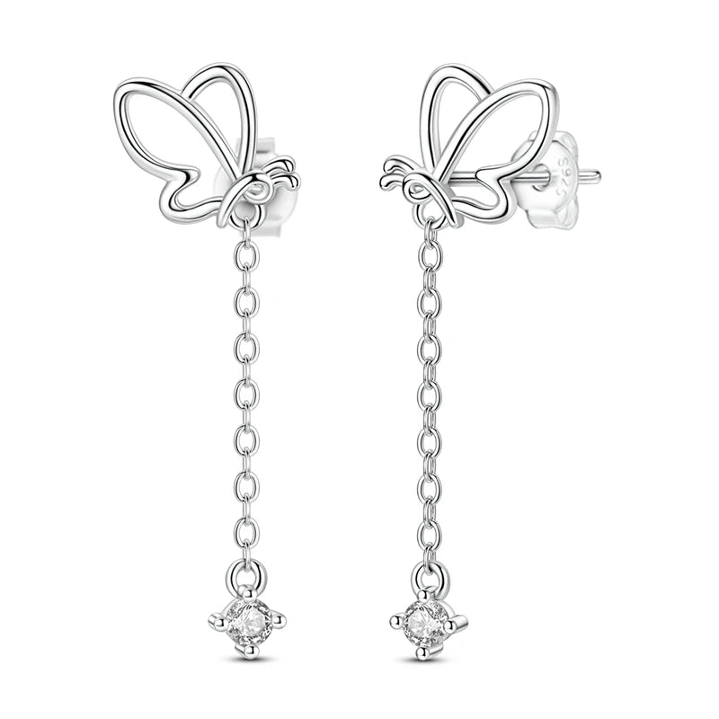 Brincos Trevo de Quatro Folhas Prata 925 Zircônia Original Borboleta Libélula Camaleão Abelha Flor Brincos Femininos Joia de Presente