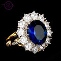 Luxury Oval Blue Zircon Ring for Women Sparkling Golden Color Solitaire Finger Rings Romantic Jewelry Wedding Anniversary Gift