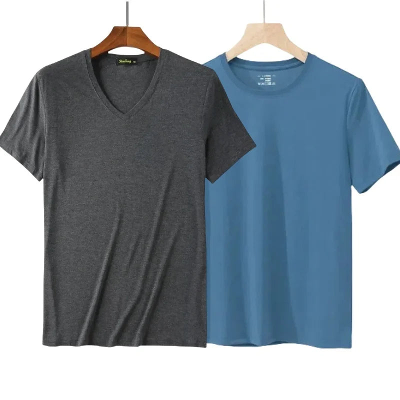 2 Pacotes de Camisetas de Fibra de Bambu com Gola Redonda Manga Curta Clássica Absorvente de Suor para Academia Masculina Regata Cor Sólida Preta Nova