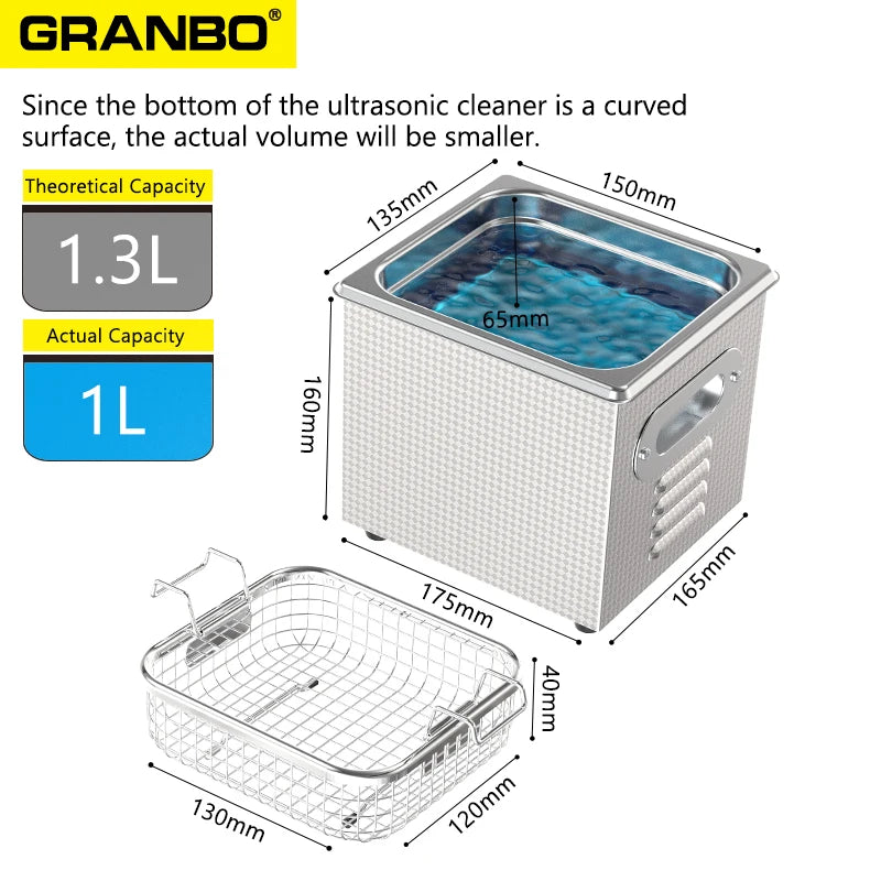 Máquina de Limpeza Ultrassônica Granbosonic 1L 60W/120W Aço Inoxidável Com Aquecedor Temporizador Para Joias Óculos Uso Doméstico