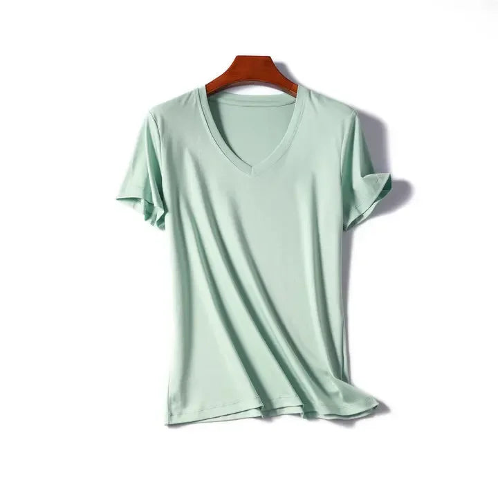 Camiseta Feminina Verão 2026 Gola V Manga Curta Algodão Casual Sólida Top Tees Solta Camisetas Básicas Camisas Femininas Tops Camisetas Femininas - verde escuro gola redonda P