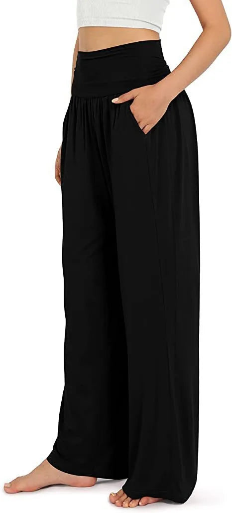 Calça Feminina Casual de Cintura Alta com Perna Larga para Yoga, Macia, com Bolsos