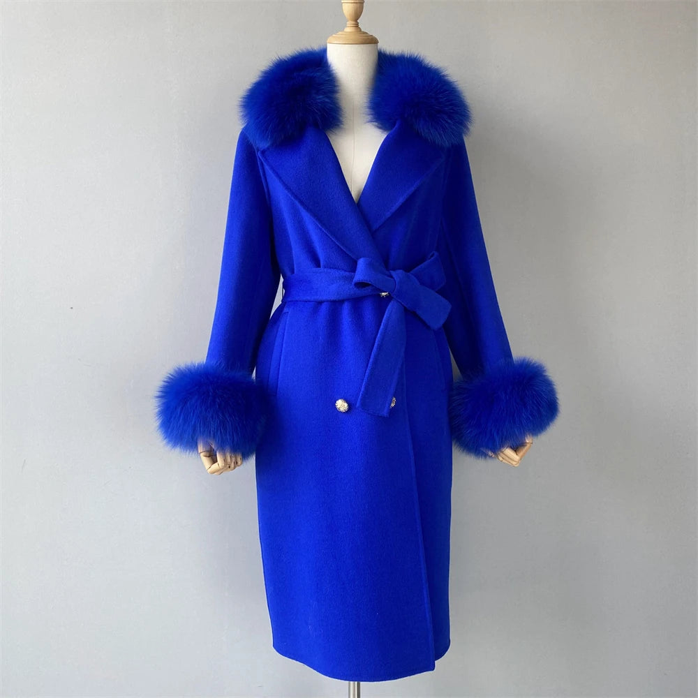 Jxwatcher Cashmere Lã Casaco Primavera Real Fox Colarinho Casaco de Lã de Trincheira Mulheres Inverno Casaco Quente Venda Longo Estilo Casacos de Lã