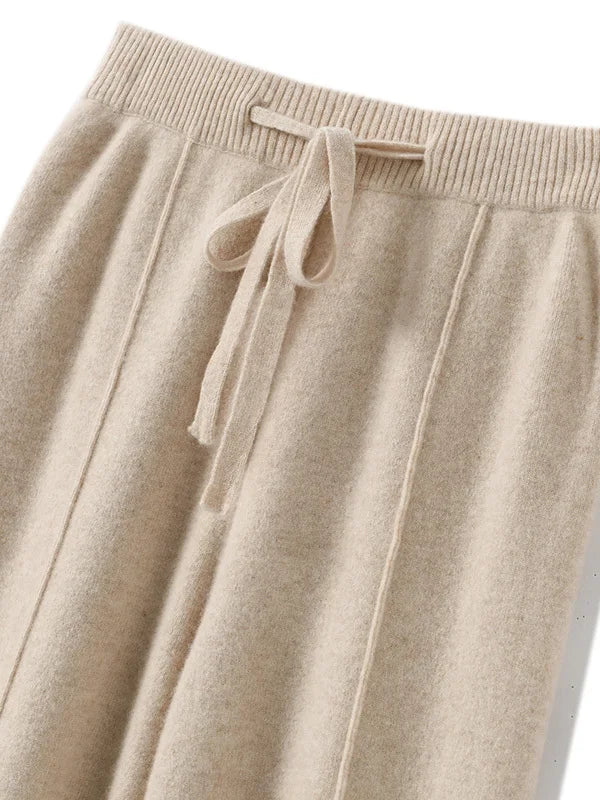 Calça Feminina de Malha Cintura Alta Perna Larga Outono Inverno Comprida Até o Chão Cordão Reta Casual Solta Emagrecedora