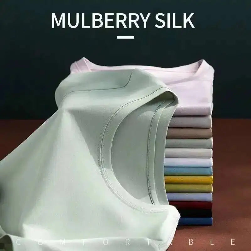 Summer 6 Mulberry Silk Cotton T Shirts Women Loose Round Neck Short Sleeve Luxury Tee Solid Color Basic Tops - v Collar Black M