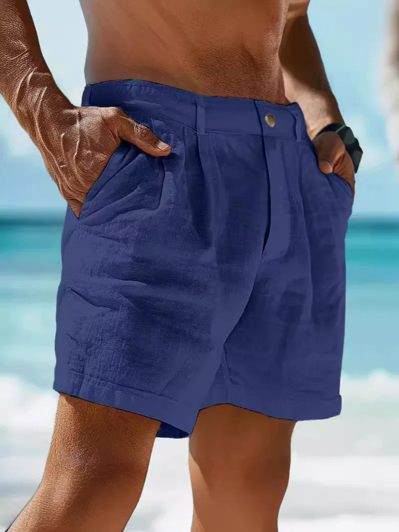Bermuda Masculina Algodão e Linho 2026 de Verão, Cor Sólida, Casual, Botão, Bolso, Praia, Confortável, Simples, Férias, Lazer