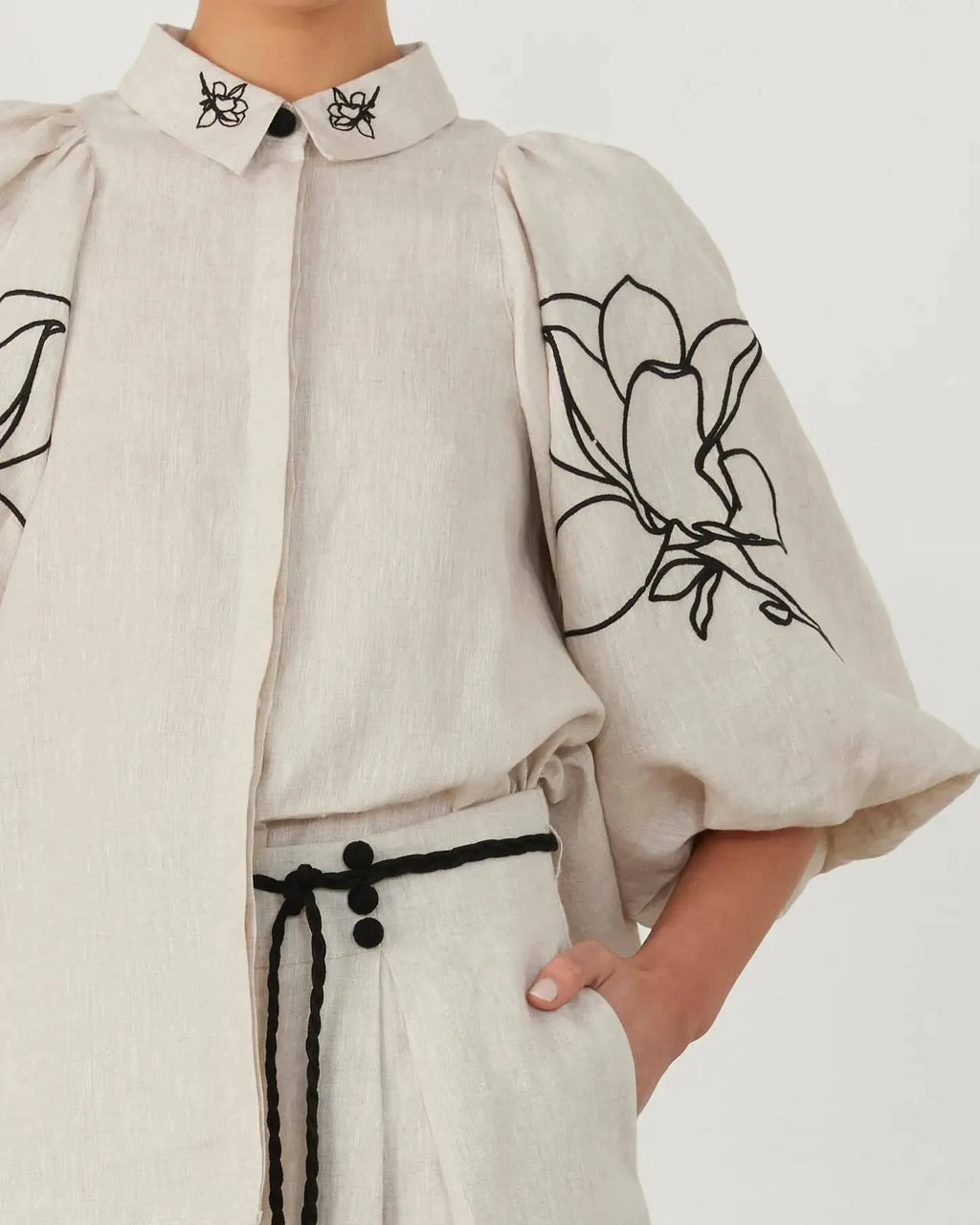 Conjuntos Femininos de Lounge Algodão Linho Gola Alta Manga Lanterna Solta Tops Florais Calças Largas Oversize Terno Casual Roupa Feminina