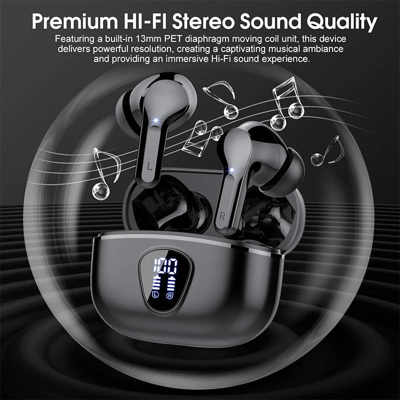 Fones de Ouvido Sem Fio BT5.3 HiFi Estéreo com Microfone ENC com Cancelamento de Ruído 48H Display LED IP7 à Prova D'água