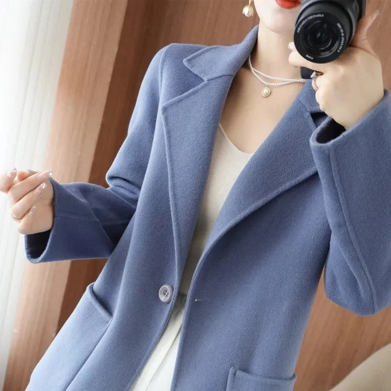 Jaqueta Feminina Casaco De Lã Cashmere Dupla Face 100% Pura Lã Outono Inverno Novo Casaco Corta-Vento De Lã Slim De Um Botão De Comprimento Médio