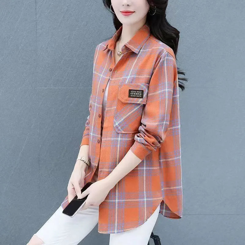 Camisa Xadrez Feminina de Lã Grossa Casual Solta Outono Inverno Quente Manga Regular Comprida Gola Marca Chinesa