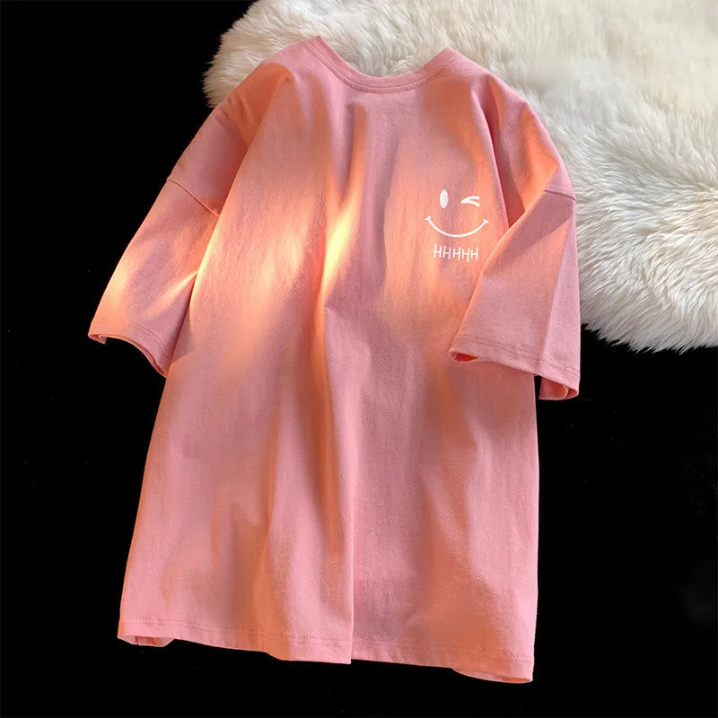 Men Womens Smiling Face Funny Fashion Couple Short Sleeved T Shirt American Basic Simple Oversized Loose Boys Pullover Top - Apricot L