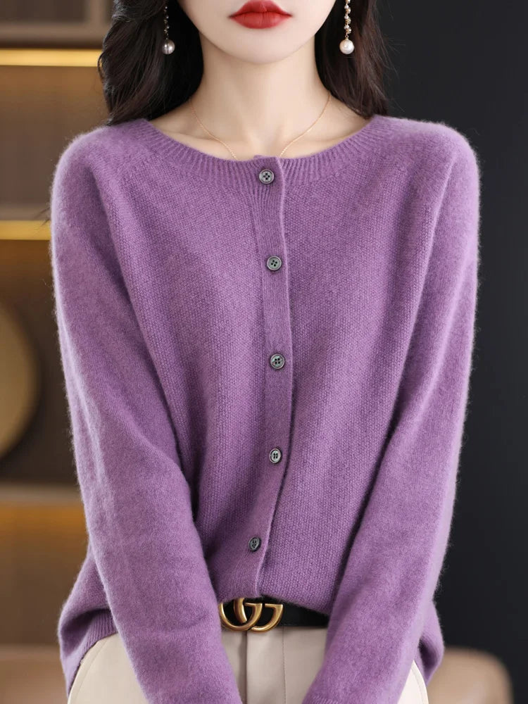 2024 Novo Cardigan Básico Chique Feminino Gola Redonda Suéter de Lã Merino Macio Roupa de Malha Elegante Casaco Primavera Outono Roupas Femininas Tops - Vermelho Shumei XXL