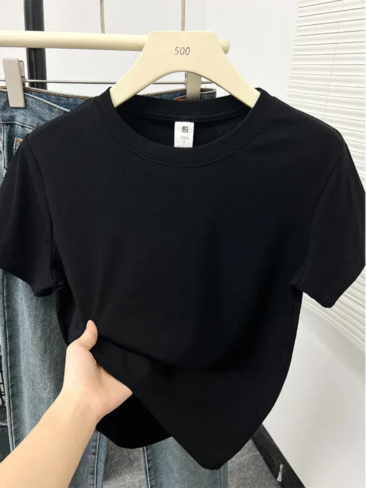 2026 Verão Nova Camiseta Casual de Alta Qualidade Sexy Manga Curta Tendência da Moda Sólida Roupa Feminina Blusas Y2k