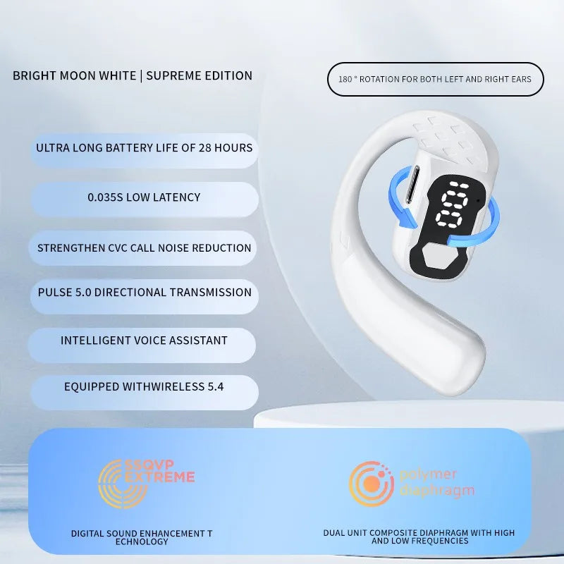 Fone de Ouvido Sem Fio Rotação 180° Ajustável Esquerdo Direito Aberto Bluetooth 5.4 Orelha Universal Microfone Esporte Negócios Música Gancho de Orelha