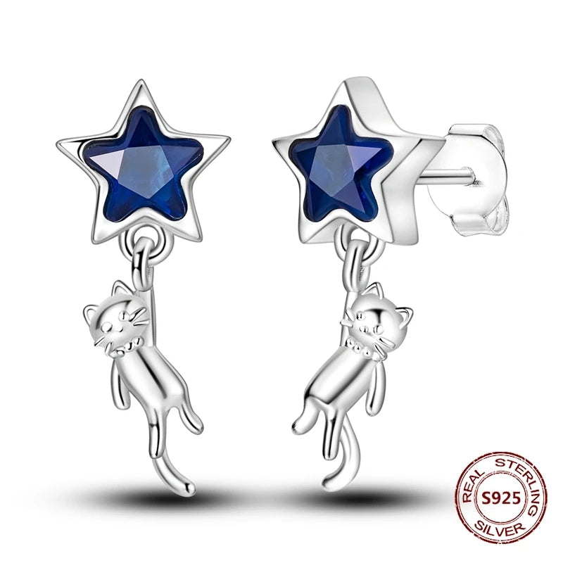 Brincos de Argola Estrela Lua Sol Prata Esterlina 925 Original Estrela Brilhante Zircônia Tassel Brincos Longos para Mulheres Presente de Joia de Luxo