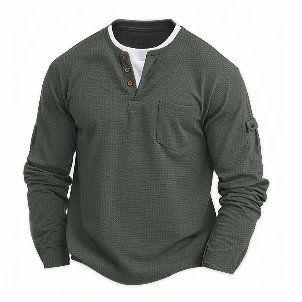 Camiseta Henley Masculina Manga Longa Casual com Botões Lisa de Algodão Waffle Falsa de Duas Peças
