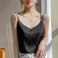 2026 Alça Fina Regata Feminina Frente Única Gola V Básico Branco Camisa Sem Mangas Cetim Seda Blusas Femininas Verão Camisola Cropped Top - preto P