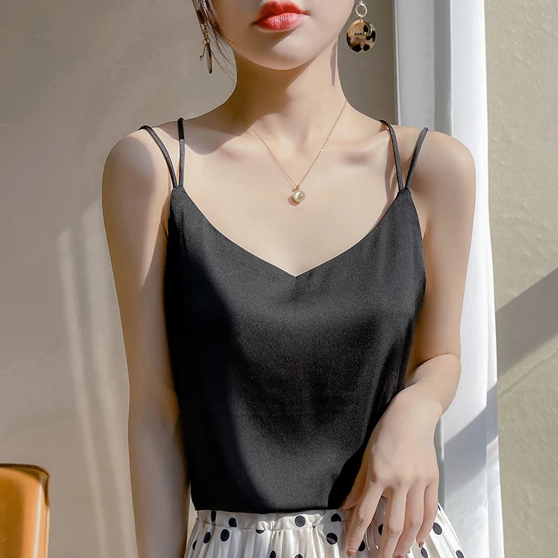 2026 Alça Fina Regata Feminina Frente Única Gola V Básico Branco Camisa Sem Mangas Cetim Seda Blusas Femininas Verão Camisola Cropped Top - preto P