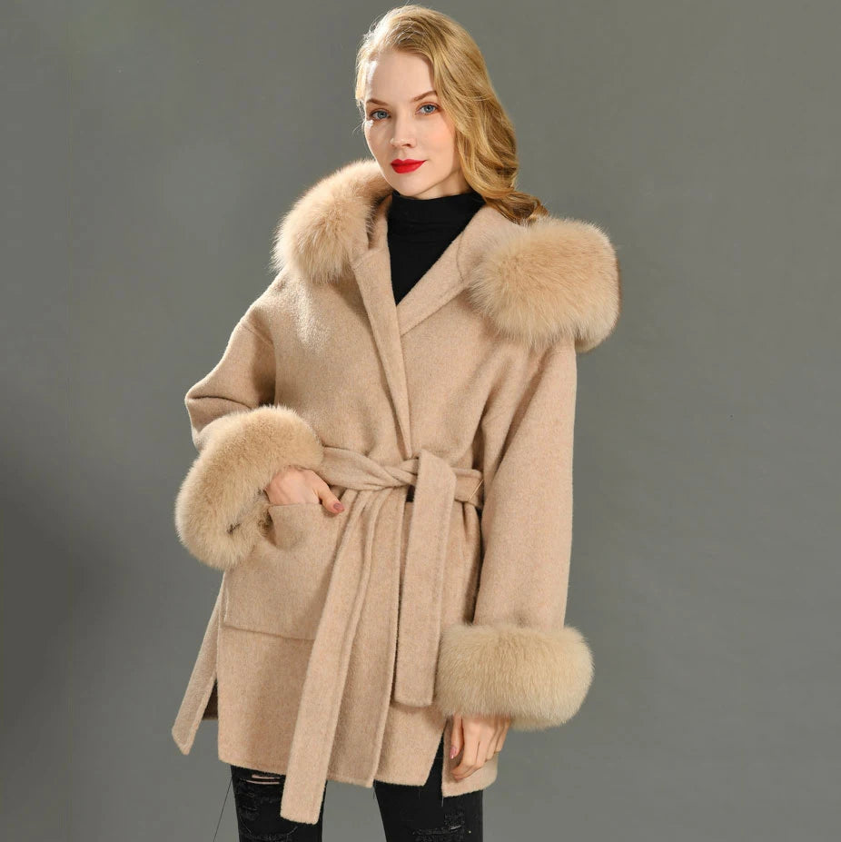 Jxwatcher Casaco de Lã e Misturas de Moda, Comprimento Médio, Jaqueta de Cashmere com Capuz, Gola e Punhos de Pele de Raposa 100% Real, Casaco de Inverno para Mulheres