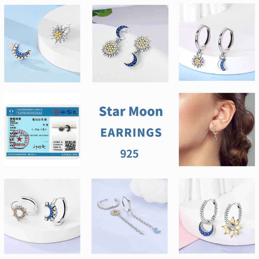 Brincos de Argola Estrela Lua Sol Prata Esterlina 925 Original Estrela Brilhante Zircônia Tassel Brincos Longos para Mulheres Presente de Joia de Luxo