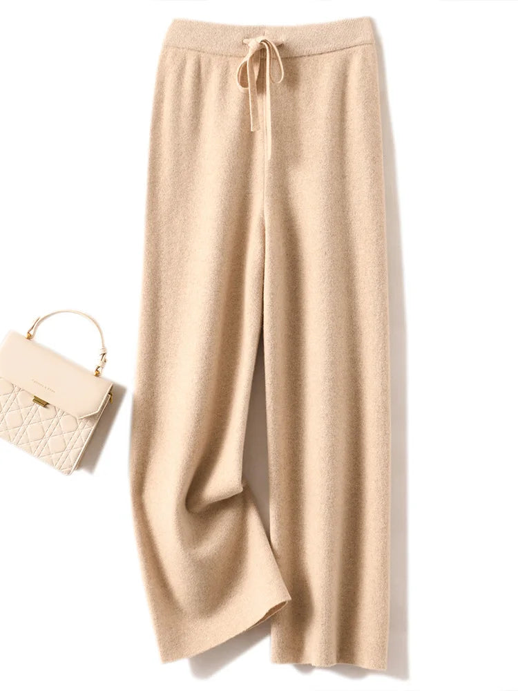 Calças Femininas Outono Inverno Básicas Macias Casuais com Faixas Calças de Malha de Lã Merino 100% Coreanas Populares - Gaoya Camel M