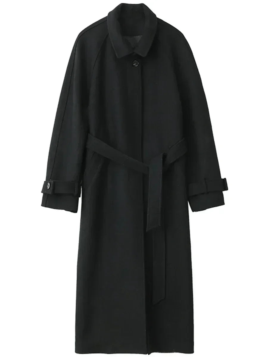 CHIC VEN Casaco Trench Longo Feminino Gola Alta Cinto Amarração Lã Manga Raglan Sobretudo Longo Escritório Senhora Outono Inverno 2024