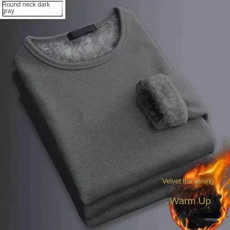 2PCS Men's Underwear Winter Long-sleeved Thermal Underwear Plus Velvet Padded T-shirt O-Neck Solid Color Slim Bottoming Shirt