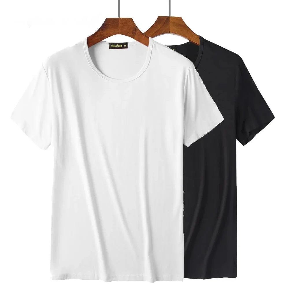 2 Pacotes de Camisetas de Fibra de Bambu com Gola Redonda Manga Curta Clássica Absorvente de Suor para Academia Masculina Regata Cor Sólida Preta Nova