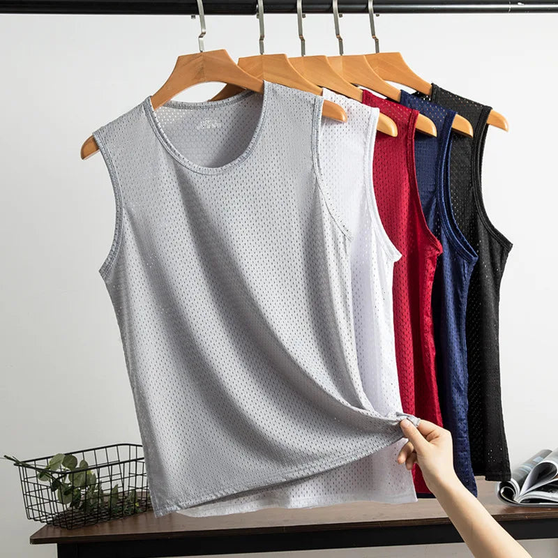 Regatas Masculinas em Malha de Seda Gelada, Regata de Academia Transparente para Musculação, Camiseta Sem Mangas, Colete Fitness Masculino, Regatas de Musculação em Malha