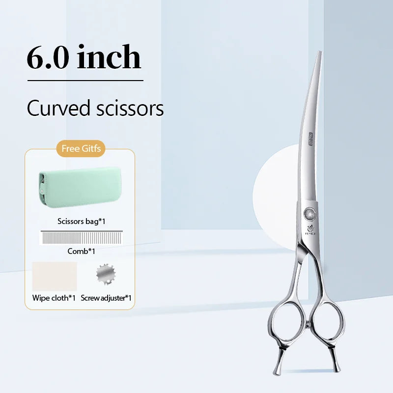 Conjunto Profissional de Tosas Domésticas para Animais de Estimação Fenice Tesouras Retas Curvas de Desbaste e Tosa de 6/6,5/7/7,5 Polegadas com Parafuso de Rolamento para Cães/Gatos