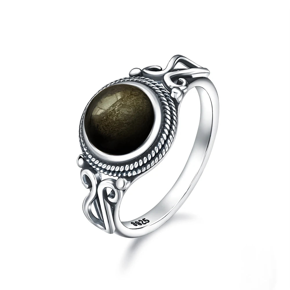Anel Vintage de Prata Esterlina 925 com Pedra Labradorita Natural Redonda de 8MM Forte Brilho Anel de Pedra Preciosa Presente para Mulheres e Homens