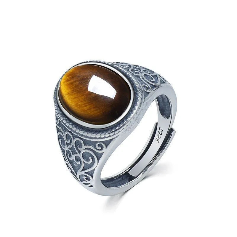 Anel Masculino de Prata Esterlina 925 Vintage com Pedra Natural Olho de Tigre 10*14MM Estilo Retrô Grande Joia Fina