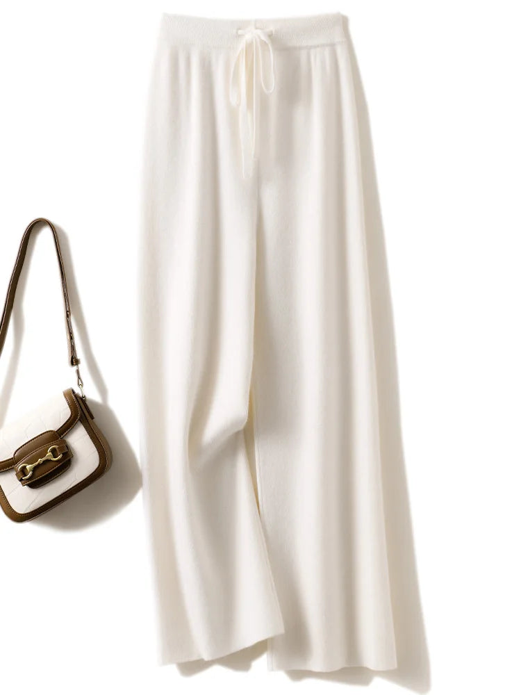Calças Femininas Outono Inverno Básicas Macias Casuais com Faixas Calças de Malha de Lã Merino 100% Coreanas Populares - Gaoya Camel M