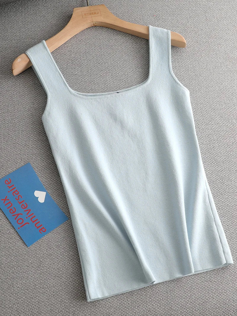 Regata de malha branca de verão com decote U de alta qualidade, chique, básica, feminina, sexy, camiseta sem mangas, top vintage, camiseta casual cropped