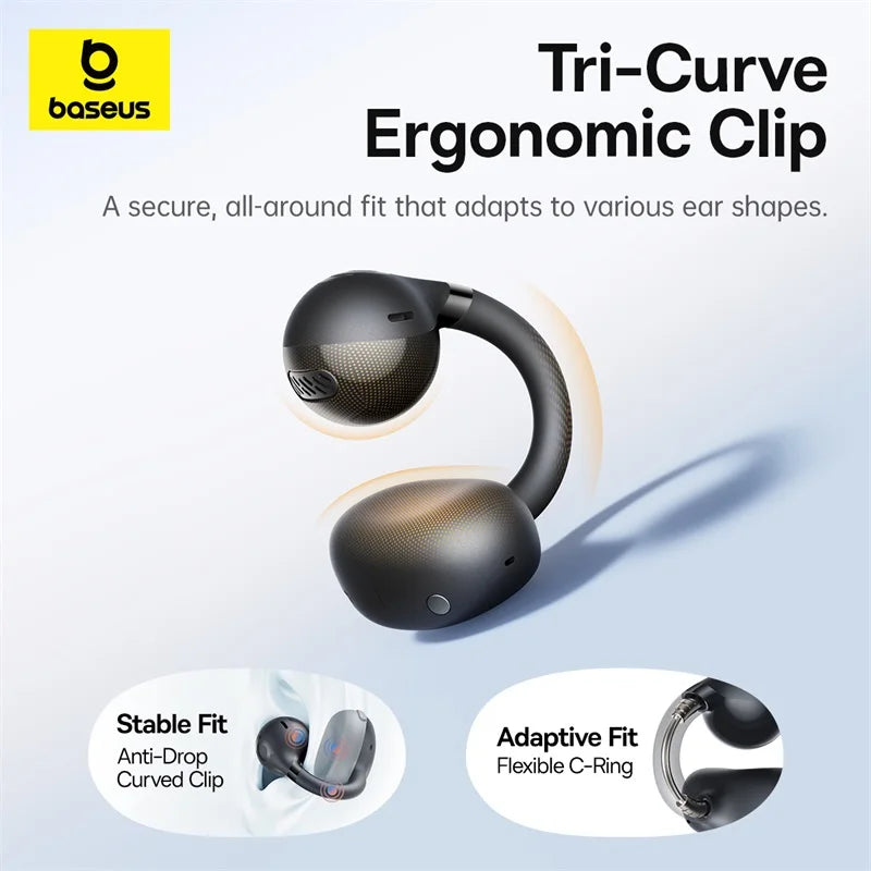 Baseus BC1 Fone de Ouvido de Condução Óssea Aberta sem Fio Bluetooth 6.0 Clip On Esportivo com Microfone Duplo Super Graves IP55