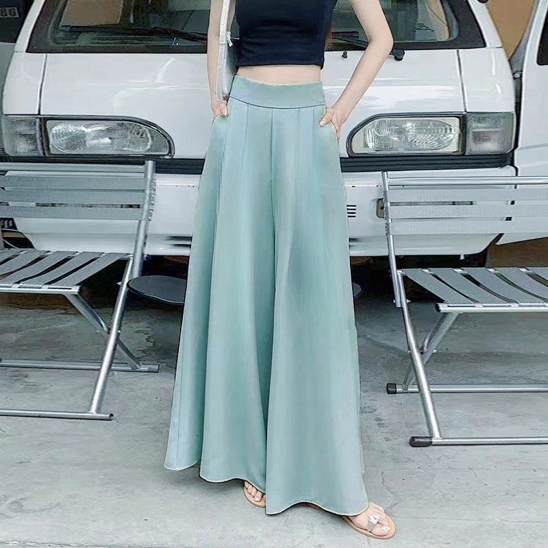 Tendência de Roupa Feminina 2024 Saia Calça de Perna Larga com Barra Grande Calça Feminina Casual Calça Social Elegante Básica de Cintura Alta para Escritório